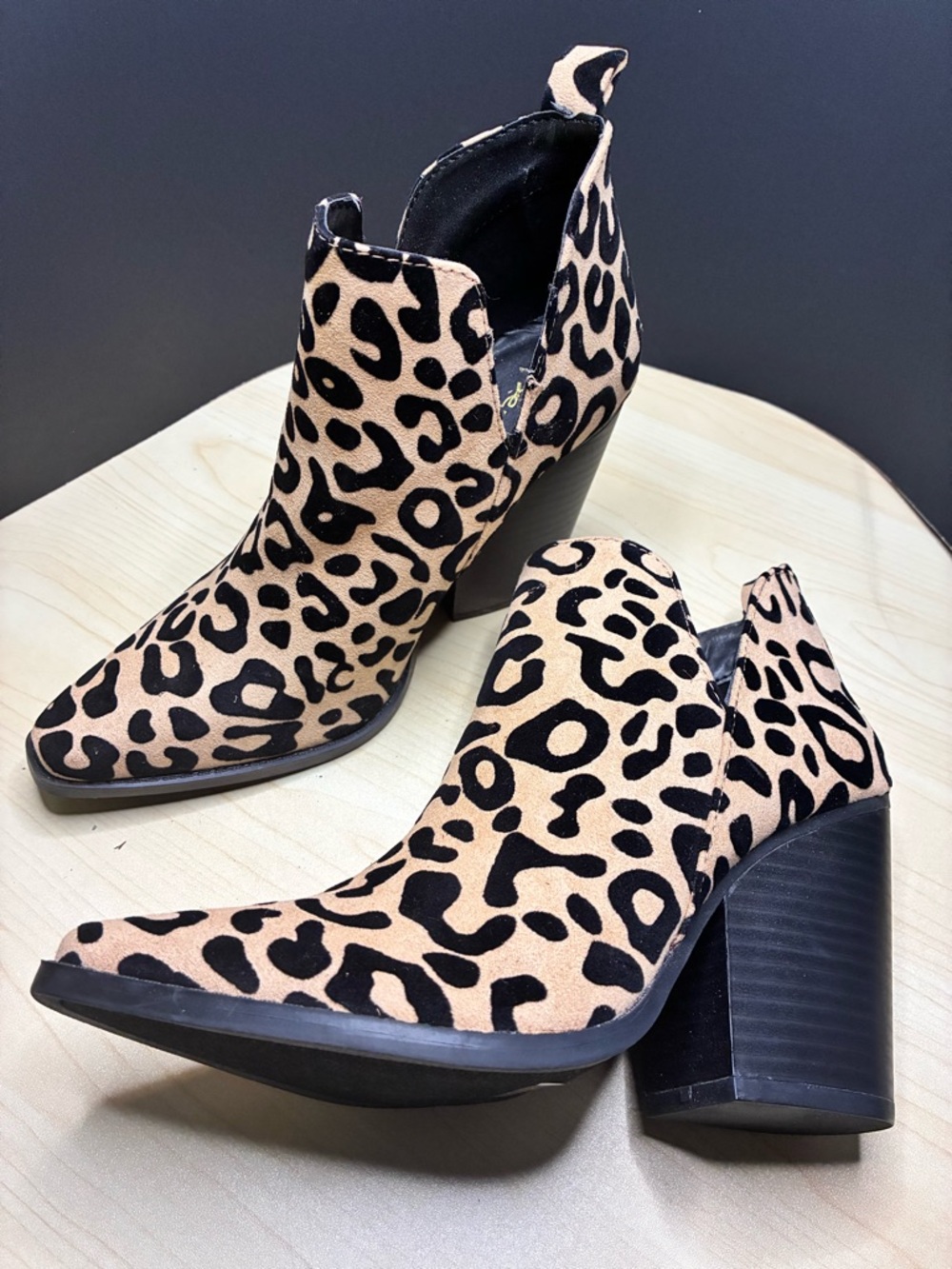 Qupid Leopard Print Pointed Toe Block Heel Booties in Tan & Black